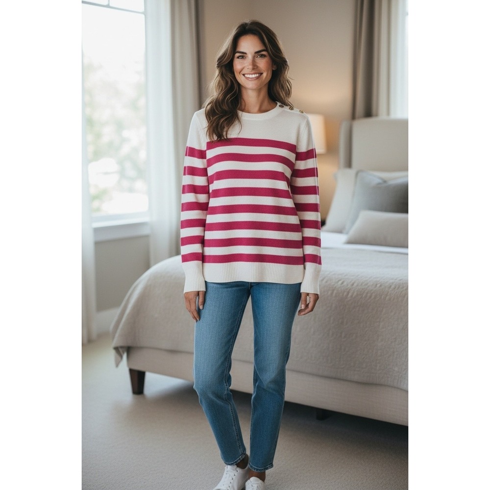 Lilly Pulitzer Pink White Striped Gold Button Shoulder Crewneck Sweater Small